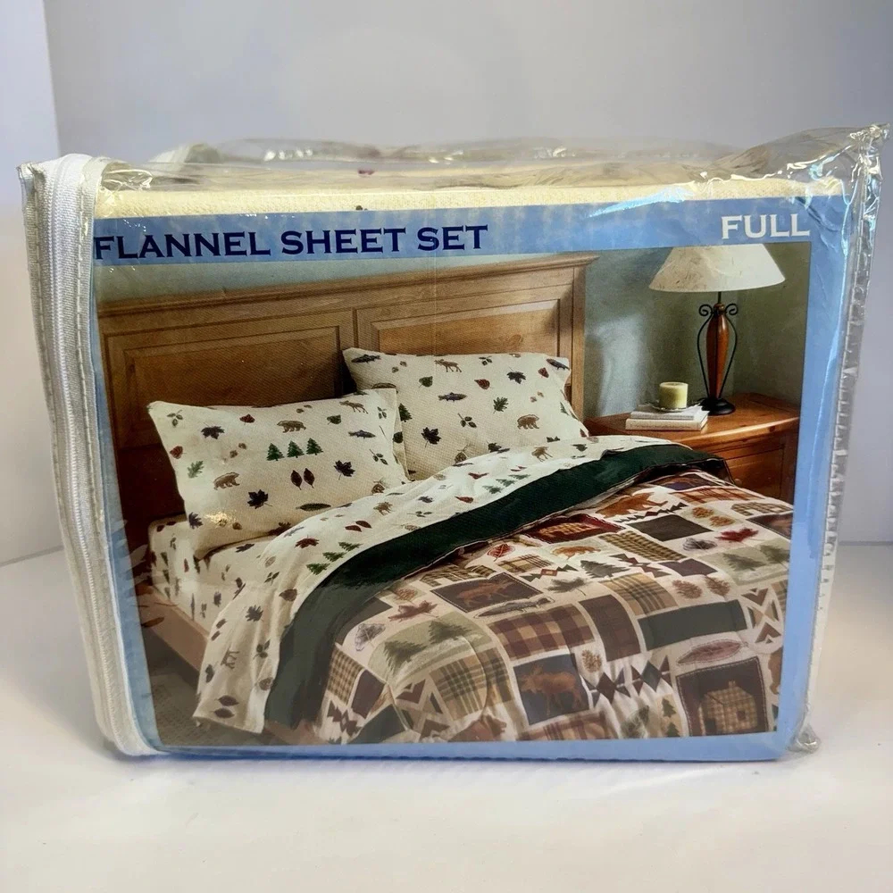 Vtg 4 Pc Full Flannel Sheet Set 100% Cotton Bears Lodge Cabin Tree Forest Nature